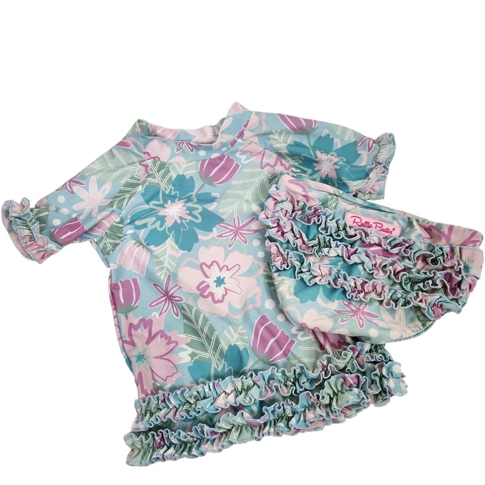 RUFFLEBUTTS‎ Swim Set Girls 4T Blue Floral Ruffle Rash Guard Top Bottoms Beach